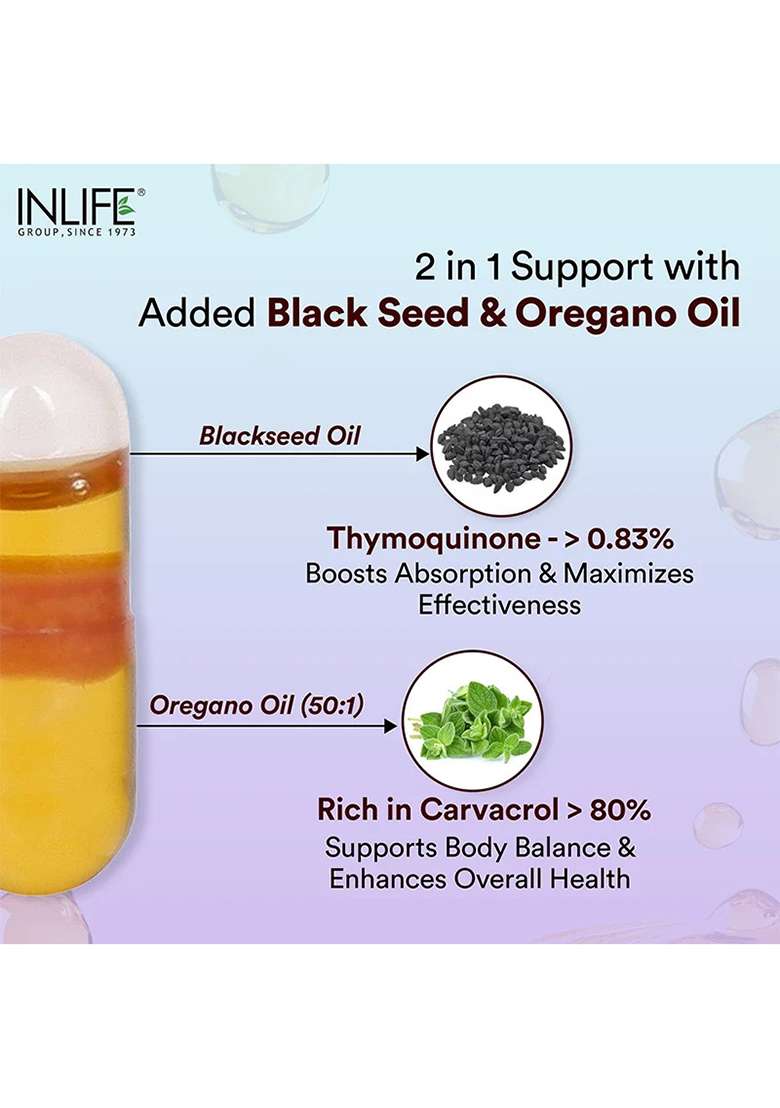 Inlife Black Seed Oil (480 Mg) & Oregano Oil (20 Mg, 50:1) Capsules, Extra Virgin Cold-Pressed | Thymoquinone > 0.83% | Carvacrol > 80% | Liquid-Filled Veg Capsules - Indya
