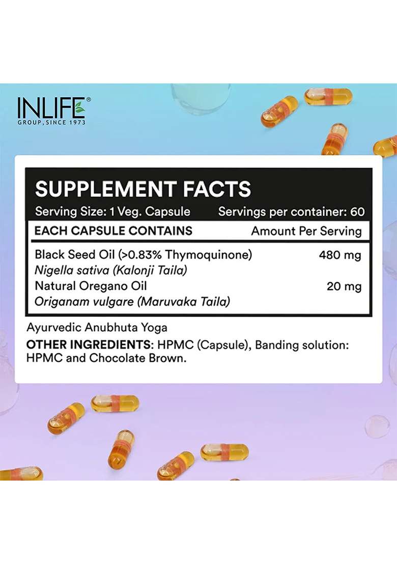 Inlife Black Seed Oil (480 Mg) & Oregano Oil (20 Mg, 50:1) Capsules, Extra Virgin Cold-Pressed | Thymoquinone > 0.83% | Carvacrol > 80% | Liquid-Filled Veg Capsules - Indya