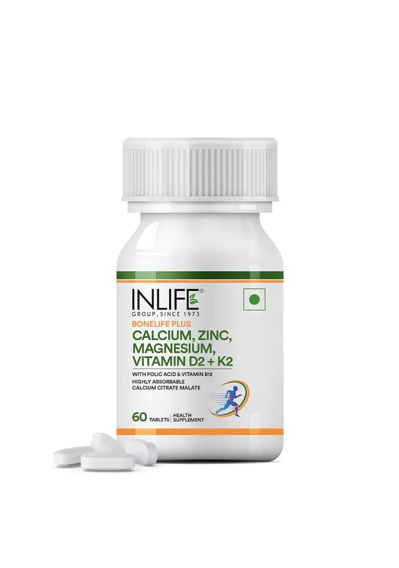 Inlife Bonelife Plus Formula | Calcium Citrate Malate, Magnesium, Zinc, Folic Acid, Vitamin D2, K2 & B12 | Supports Bone & Nutritional Health Tablets - Indya
