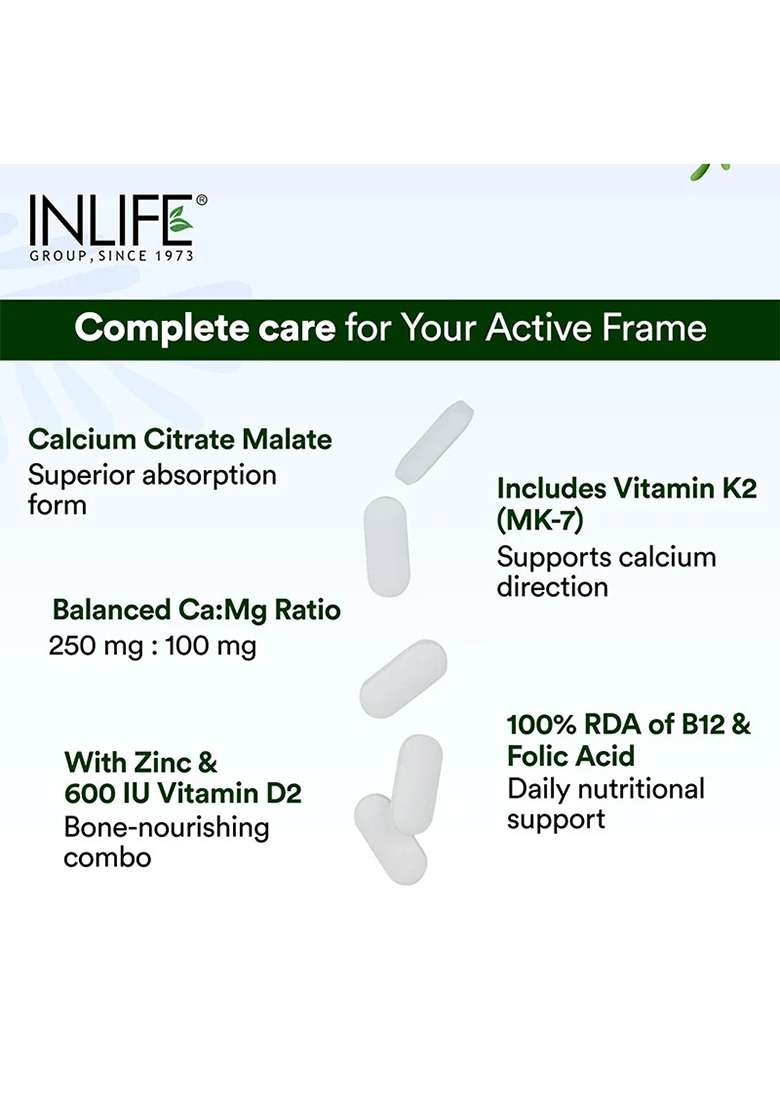 Inlife Bonelife Plus Formula | Calcium Citrate Malate, Magnesium, Zinc, Folic Acid, Vitamin D2, K2 & B12 | Supports Bone & Nutritional Health Tablets - Indya