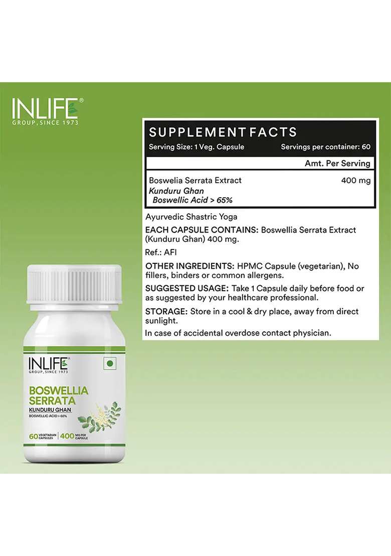 Inlife Boswellia Serrata Supplement, Extract 400Mg| Veg. Capsules - Indya