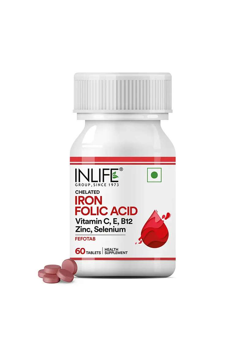 Inlife Chelated Iron Folic Acid Supplement With Vitamin C, E, B12, Zinc & Selenium Vegetarian Tablets - Indya