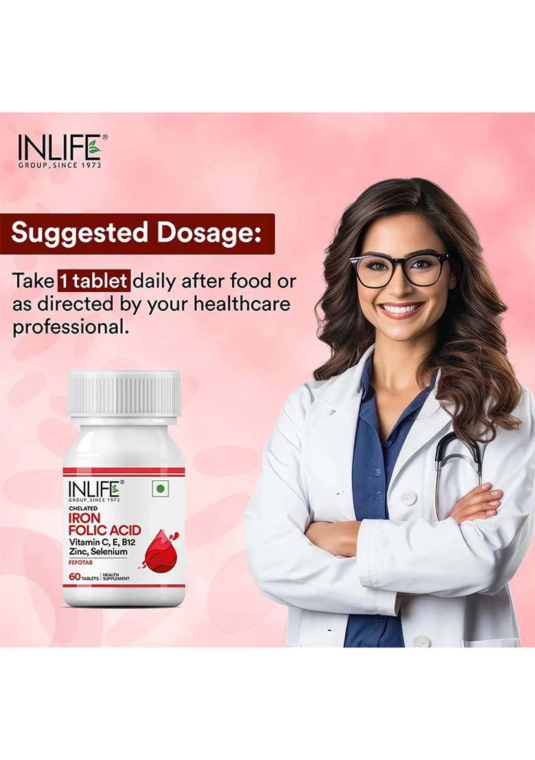 Inlife Chelated Iron Folic Acid Supplement With Vitamin C, E, B12, Zinc & Selenium Vegetarian Tablets - Indya