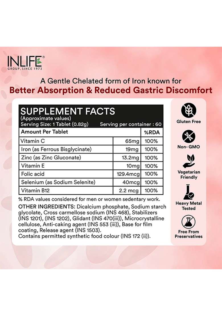 Inlife Chelated Iron Folic Acid Supplement With Vitamin C, E, B12, Zinc & Selenium Vegetarian Tablets - Indya