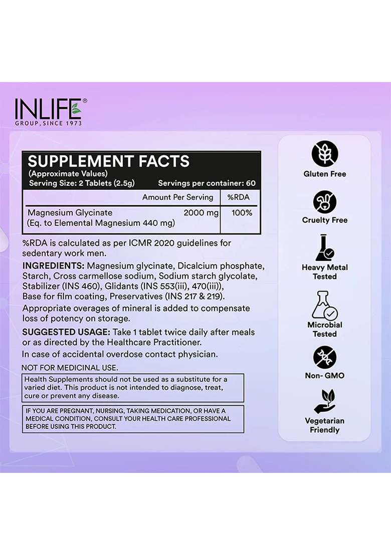 Inlife Chelated Magnesium Glycinate Forte Supplement Tablets | Vegetarian Friendly - Indya