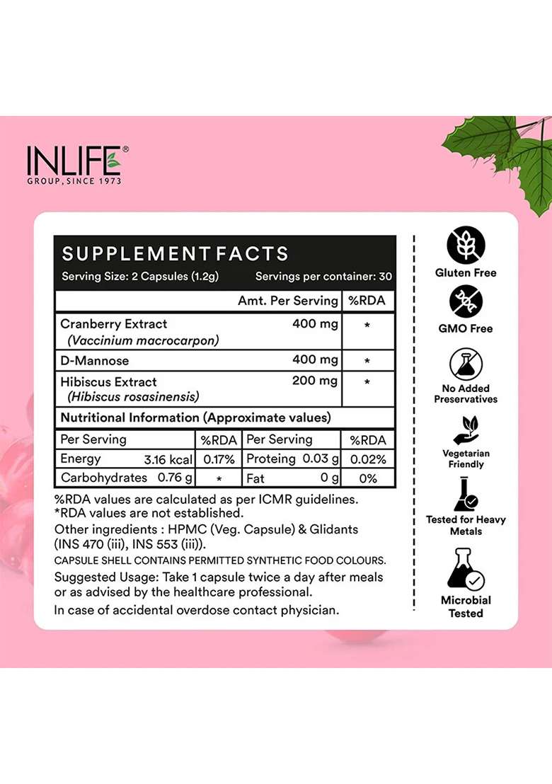 Inlife Cranberry 400Mg D-Mannose 400Mg | Hibiscus 200Mg Veg. Capsules - Indya