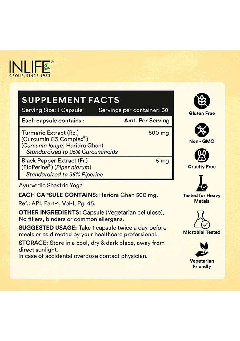Inlife Curcumin (95% Curcuminoids) With Piperine (Bioperine), 500 Mg | Veg. Capsules - Indya