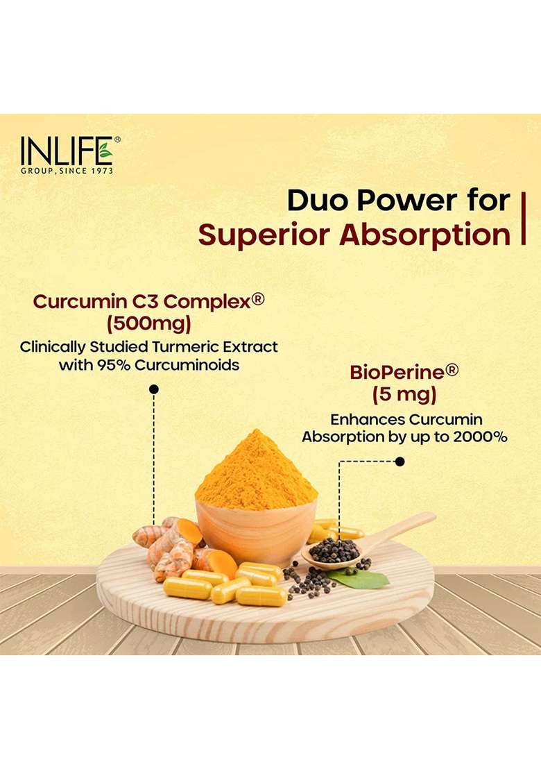 Inlife Curcumin (95% Curcuminoids) With Piperine (Bioperine), 500 Mg | Veg. Capsules - Indya