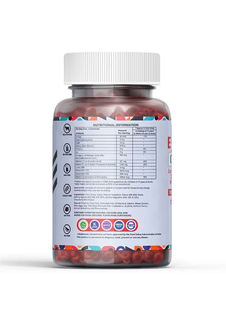 Inlife Eye Care Supplement With Lutein, Zeaxanthin, Omega 3 Gummies | Strawberry Flavor - Indya
