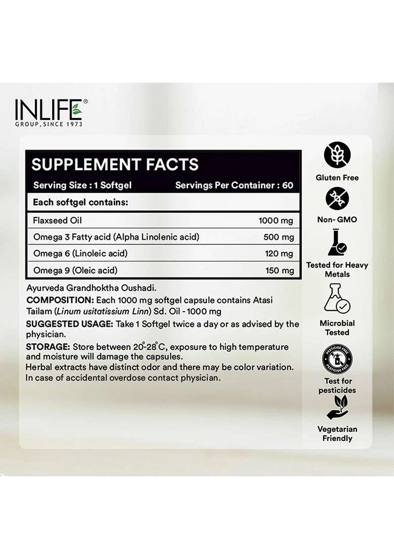 Inlife Flaxseed Oil Capsules Omega 3 6 9 Supplement | 1000Mg | Softgels - Indya