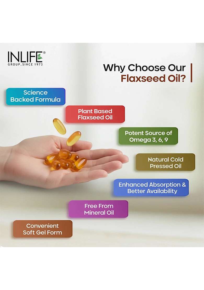 Inlife Flaxseed Oil Capsules Omega 3 6 9 Supplement | 1000Mg | Softgels - Indya
