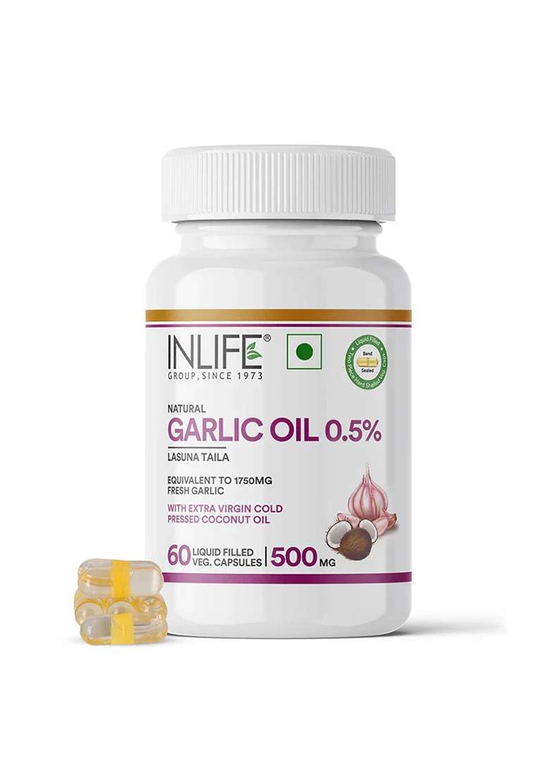 Inlife Garlic Oil With Cold Pressed Coconut Oil Capsules - Dual Action Formula | High Potency Diallyl Disulfide & Mcts | Vegetarian Capsules - Indya