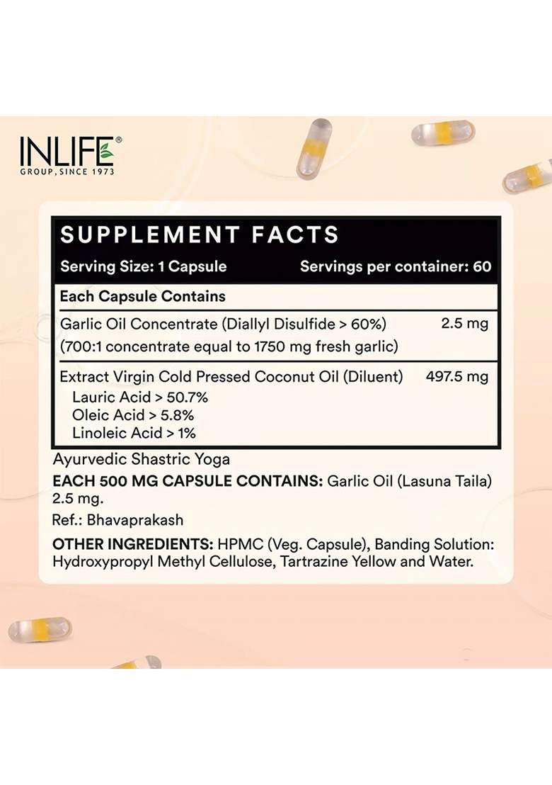 Inlife Garlic Oil With Cold Pressed Coconut Oil Capsules - Dual Action Formula | High Potency Diallyl Disulfide & Mcts | Vegetarian Capsules - Indya