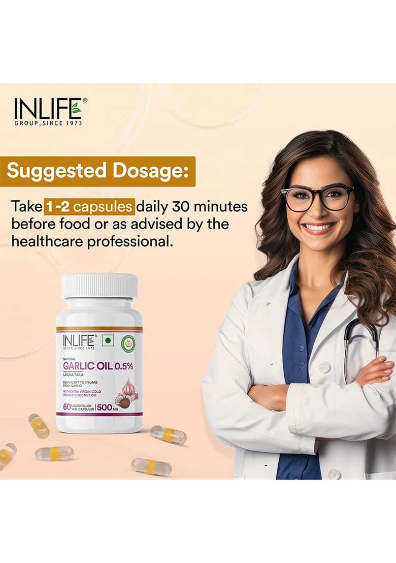 Inlife Garlic Oil With Cold Pressed Coconut Oil Capsules - Dual Action Formula | High Potency Diallyl Disulfide & Mcts | Vegetarian Capsules - Indya