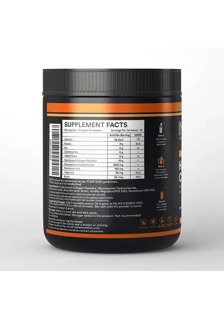 Inlife Hydrolyzed Japanese Collagen Peptides | With Biotin, Hyaluronic Acid & Glucosamine Hcl | 200G Powder - Indya
