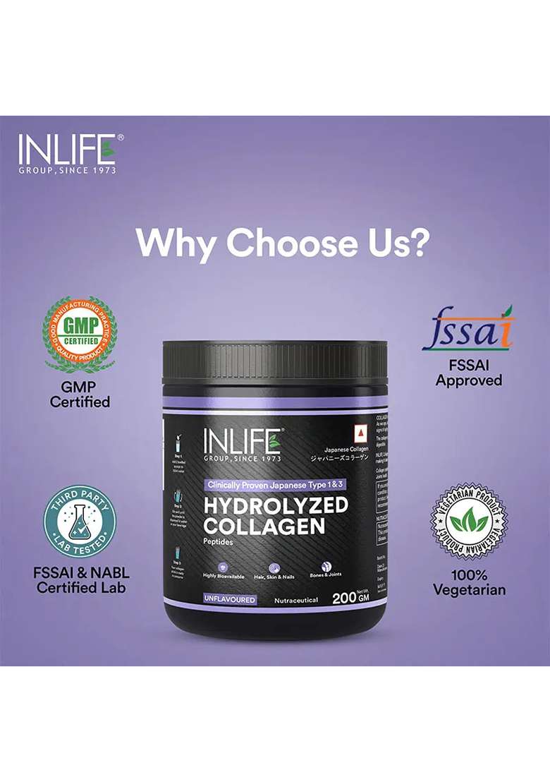 Inlife Hydrolyzed Japanese Collagen | Type 1 & 3 Collagen Peptides Powder | Clinically Proven Ingredient | 200G Unflavored Powder - Indya