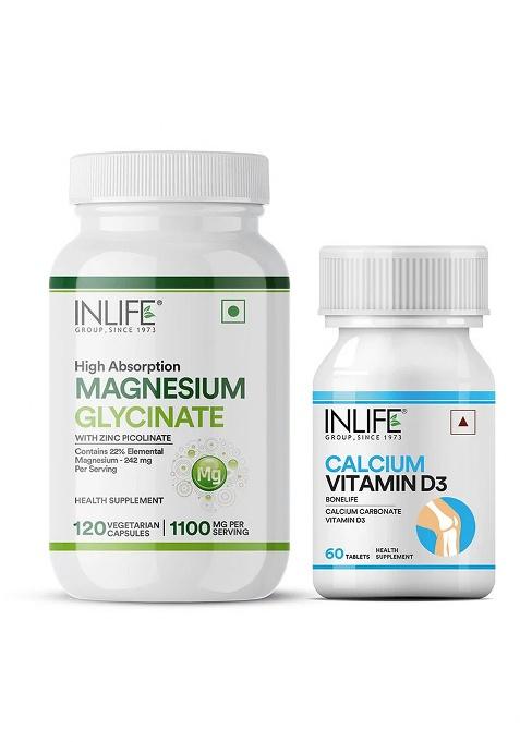 Inlife Magnesium Glycinate With Zinc + Calcium With Vitamin D3 | Vegetarian Combo Pack