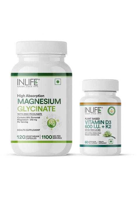 Inlife Magnesium Glycinate With Zinc + Inlife Vitamin D3 600 With K2 - Mk7 Combo Pack