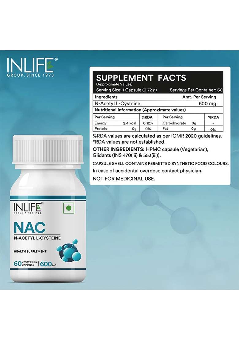 Inlife N-Acetyl Cysteine (Nac) Supplement 600Mg | Supports Liver & Respiratory Health | Veg. Capsules - Indya