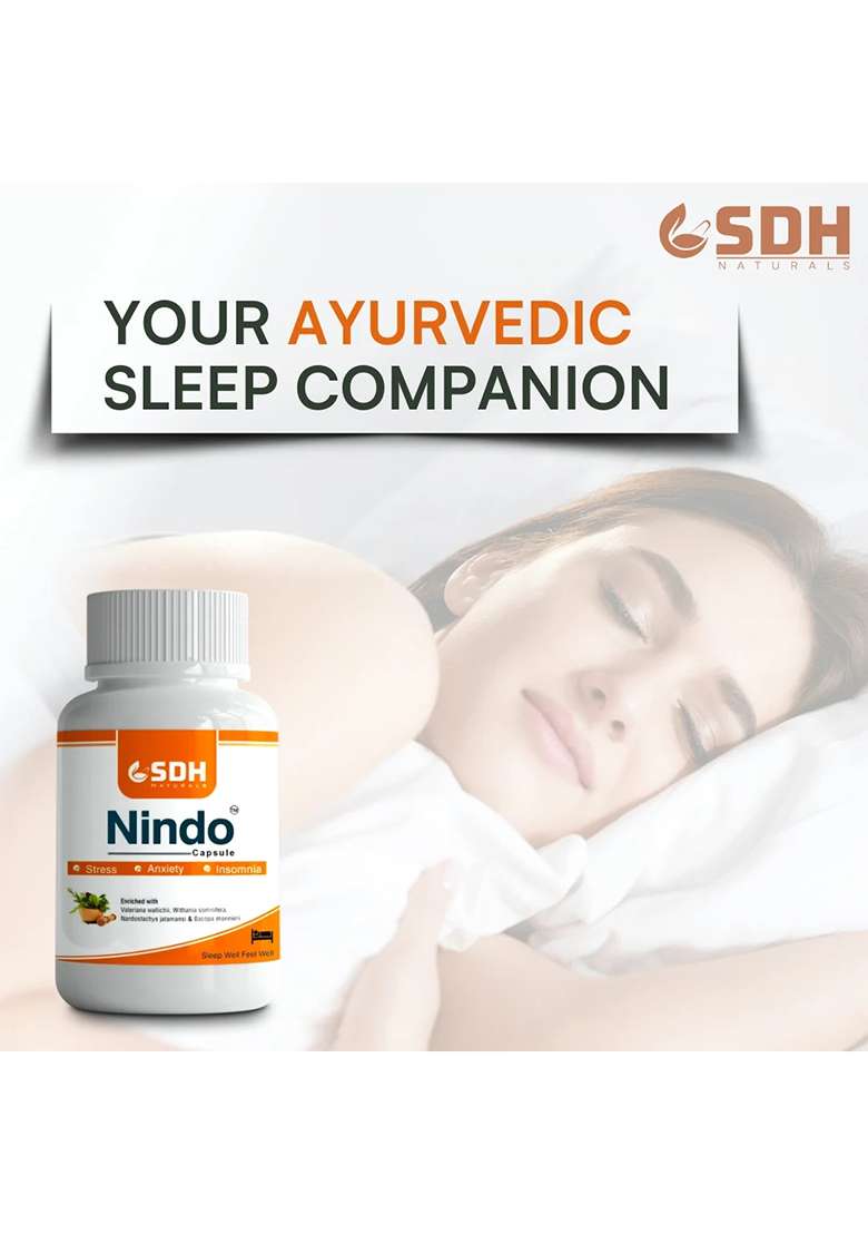 Sdhstore Sdh Naturals Nindo Capsule Ayurvedic Relief From Poor Sleep And Anxiety Support Capsules | Non-Habit Forming | With Ashwagandha, Brahmi, Jatamansi & Tagar | 60 Veg Capsules - Indya