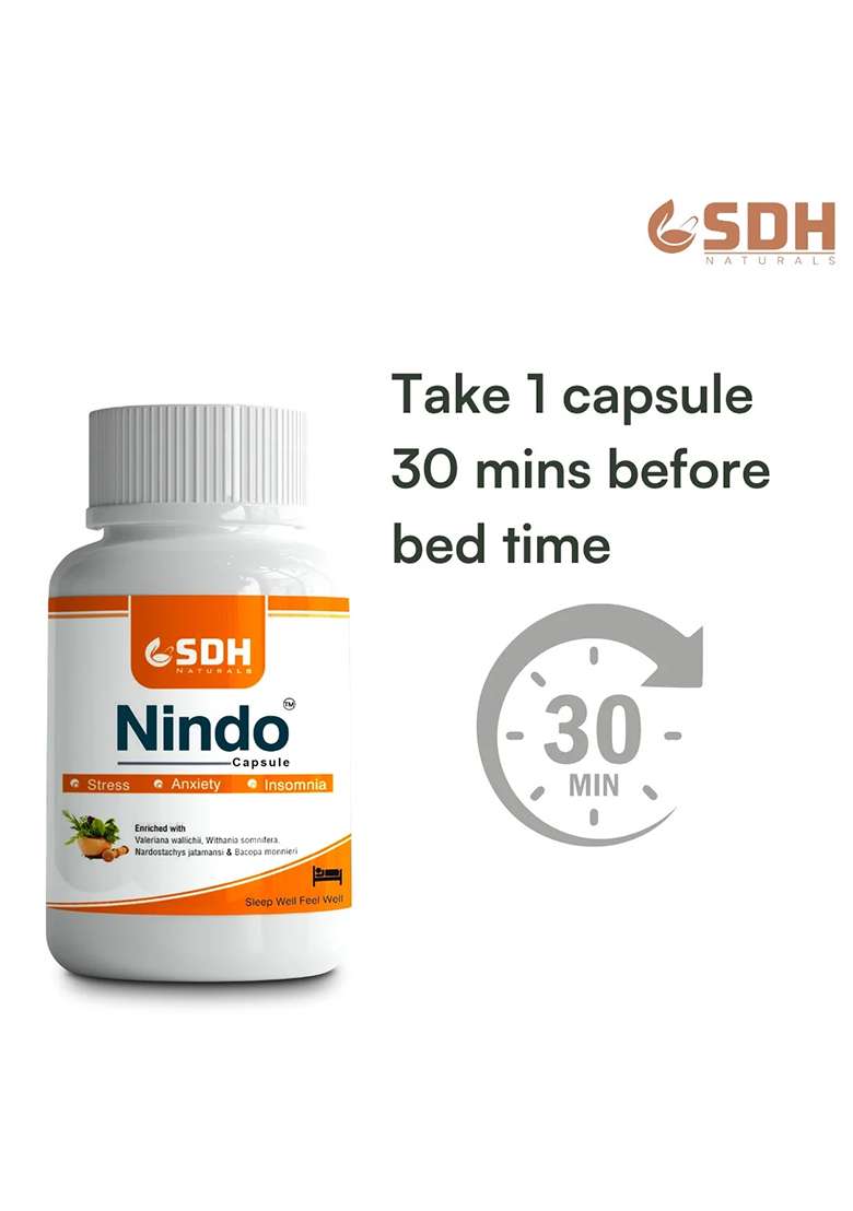 Sdhstore Sdh Naturals Nindo Capsule Ayurvedic Relief From Poor Sleep And Anxiety Support Capsules | Non-Habit Forming | With Ashwagandha, Brahmi, Jatamansi & Tagar | 60 Veg Capsules - Indya