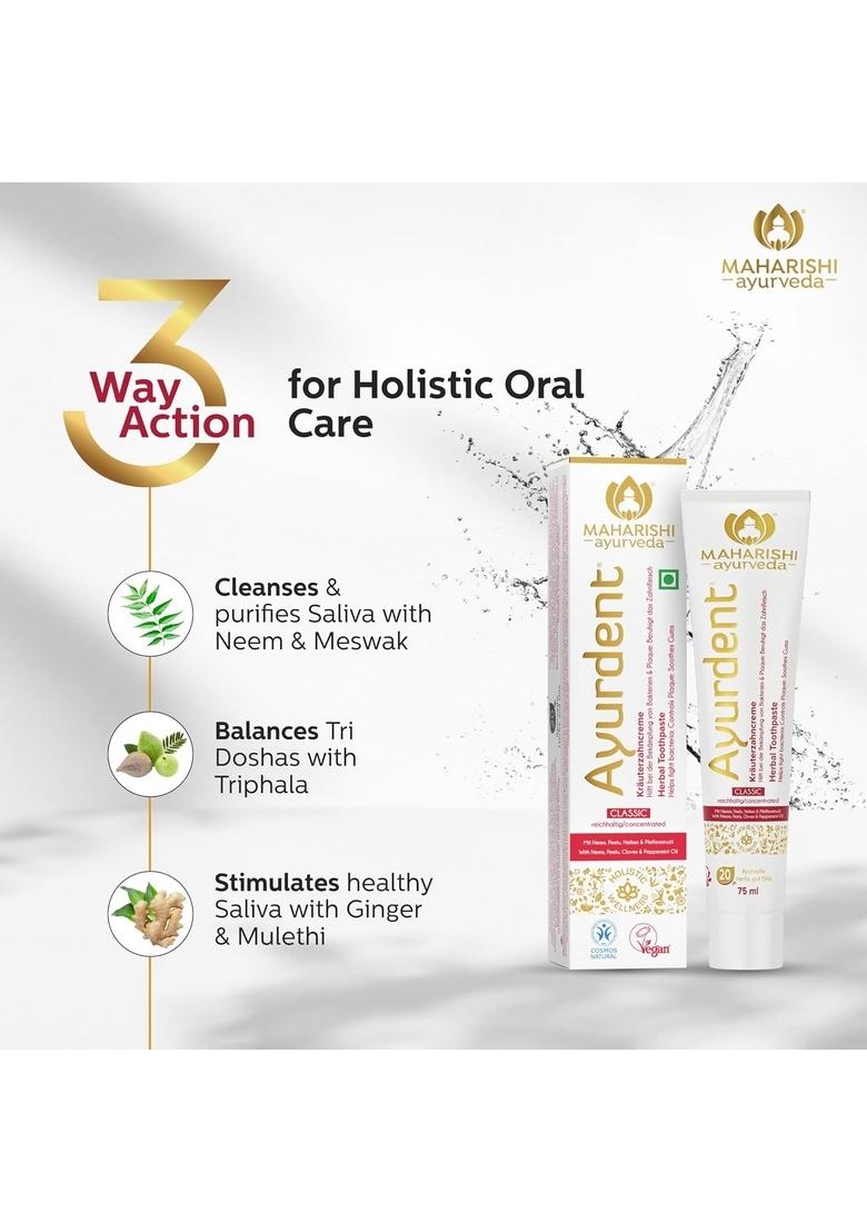 Maharishi Ayurveda Ayurdent Classic Toothpaste|Unique Saliva Balancing Formula|For Toothache,Bleeding Gums,Sensitivity,Cavities,Plaque & Bad Breath|Non Foaming,Sls Fluoride Free|Pack Of 1