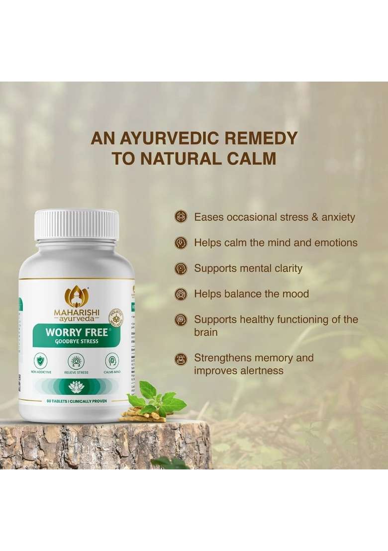 Maharishi Ayurveda Ashwagandha Worry Free Ayurvedic Tablets, Help Keeps The Mind And Body Calm Relaxed Non Addictive By 60 Tablets Pack Of 1 - Indya