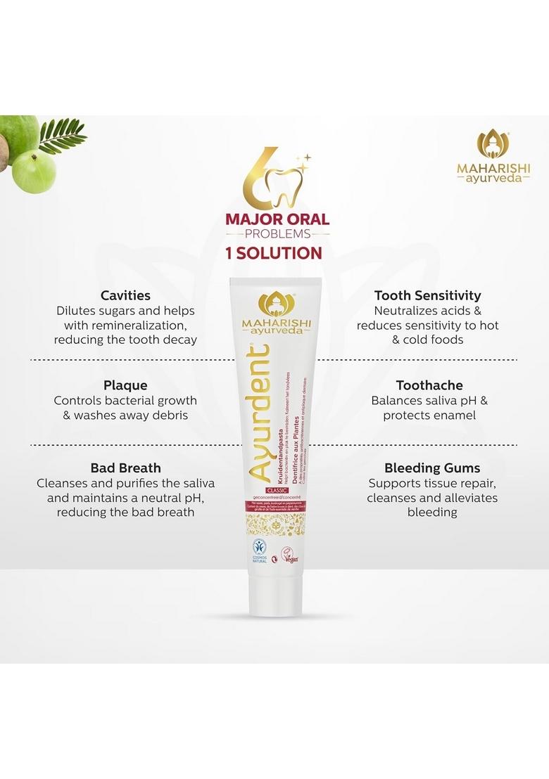 Maharishi Ayurveda Ayurdent Classic Toothpaste | Unique Saliva Balancing Formula For Toothache, Bleeding Gums, Sensitivity, Cavities, Plaque & Bad Breath Non Foaming, Sls Fluoride Free Pack Of 2