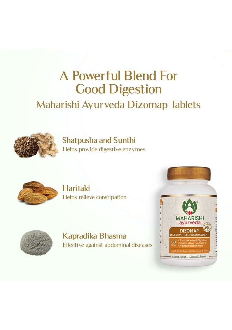 Maharishi Ayurveda Dizomap, Ayurvedic Tablet Medicine For Indigestion & Constipation, Improves Liver Functioning Intestinal Flora, Saunf, Sonth, Sanay Chhoti Harad, 60 Days, 30 Days Pack - Indya