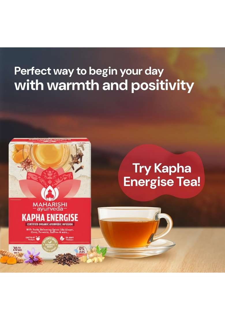 Maharishi Ayurveda Kapha Energise Herbal Tea | Ayurvedic, Caffeine-Free, Ecocert Certified Organic Boosts Energy, Improves Focus, Supports Digestion & Promotes Respiratory Clarity 20 Bags, 30G - Indya