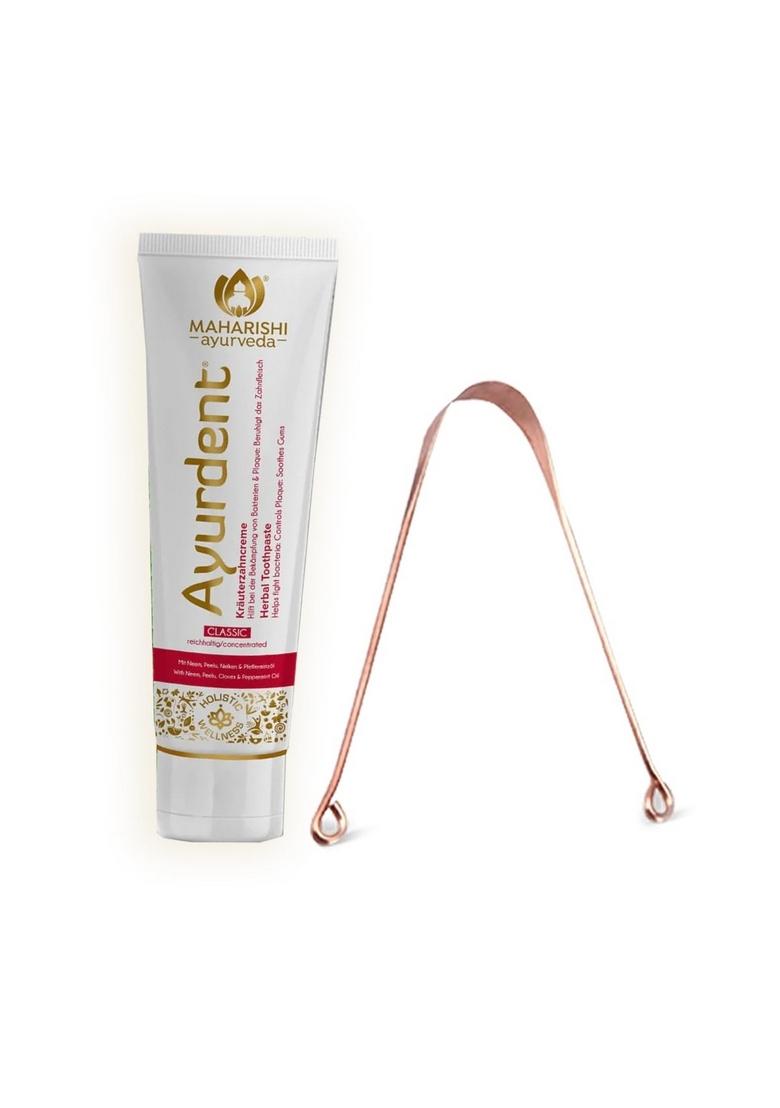 Maharishi Ayurveda Ayurdent Classic Toothpaste&Copper Tongue Cleaner Combo Fluoride&Sls-Free Toothpaste For Stronger Teeth Premium Copper Oral Scraper Bacteria&Plaque Removal,1 Count
