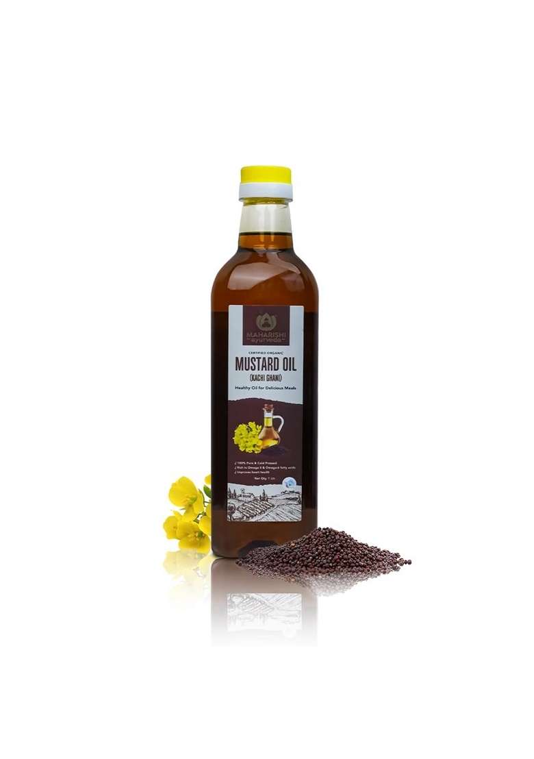 Maharishi Ayurveda Organic Kachi Ghani Mustard Oil - 1 Ltr. Pure & Unrefined Cold Pressed | Naturally Cholesterol Free Rich In Omega 3 6, Healthy Chemical-Free 1L - Indya