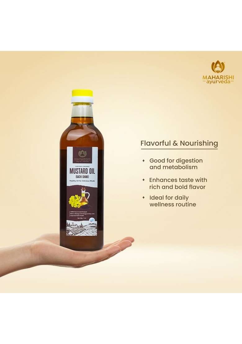 Maharishi Ayurveda Organic Kachi Ghani Mustard Oil - 1 Ltr. Pure & Unrefined Cold Pressed | Naturally Cholesterol Free Rich In Omega 3 6, Healthy Chemical-Free 1L - Indya
