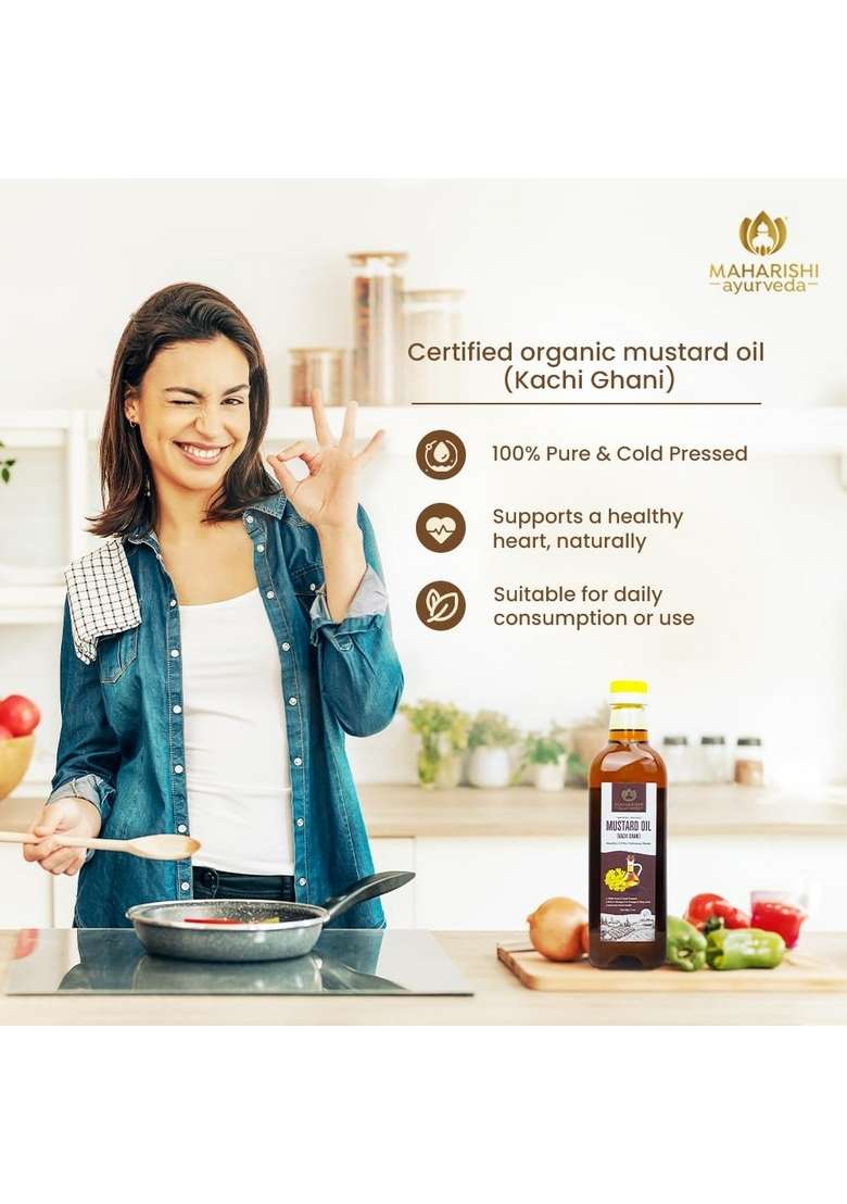 Maharishi Ayurveda Organic Kachi Ghani Mustard Oil - 1 Ltr. Pure & Unrefined Cold Pressed | Naturally Cholesterol Free Rich In Omega 3 6, Healthy Chemical-Free 1L - Indya
