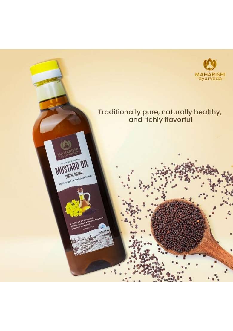 Maharishi Ayurveda Organic Kachi Ghani Mustard Oil - 1 Ltr. Pure & Unrefined Cold Pressed | Naturally Cholesterol Free Rich In Omega 3 6, Healthy Chemical-Free 1L - Indya