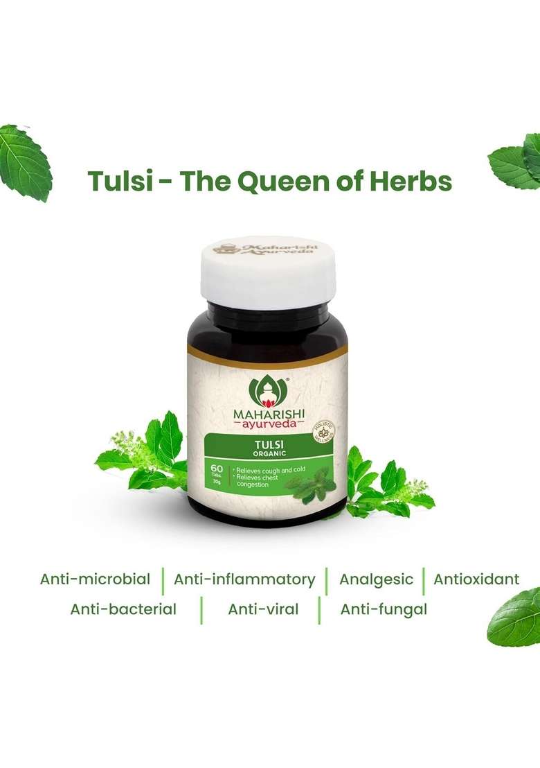Maharishi Ayurveda Organic Tulsi Tablets | For Respiratory Wellness Holy Basil Provides Relief In Cough & Cold Natural Immunity Booster| 100% 60 Tabs (Pack Of 1) - Indya