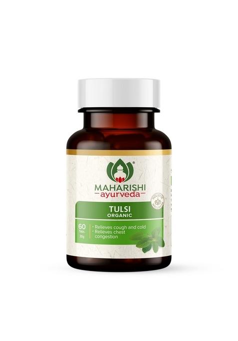 Maharishi Ayurveda Organic Tulsi Tablets | For Respiratory Wellness Holy Basil Provides Relief In Cough & Cold Natural Immunity Booster| 100% 60 Tabs (Pack Of 1)
