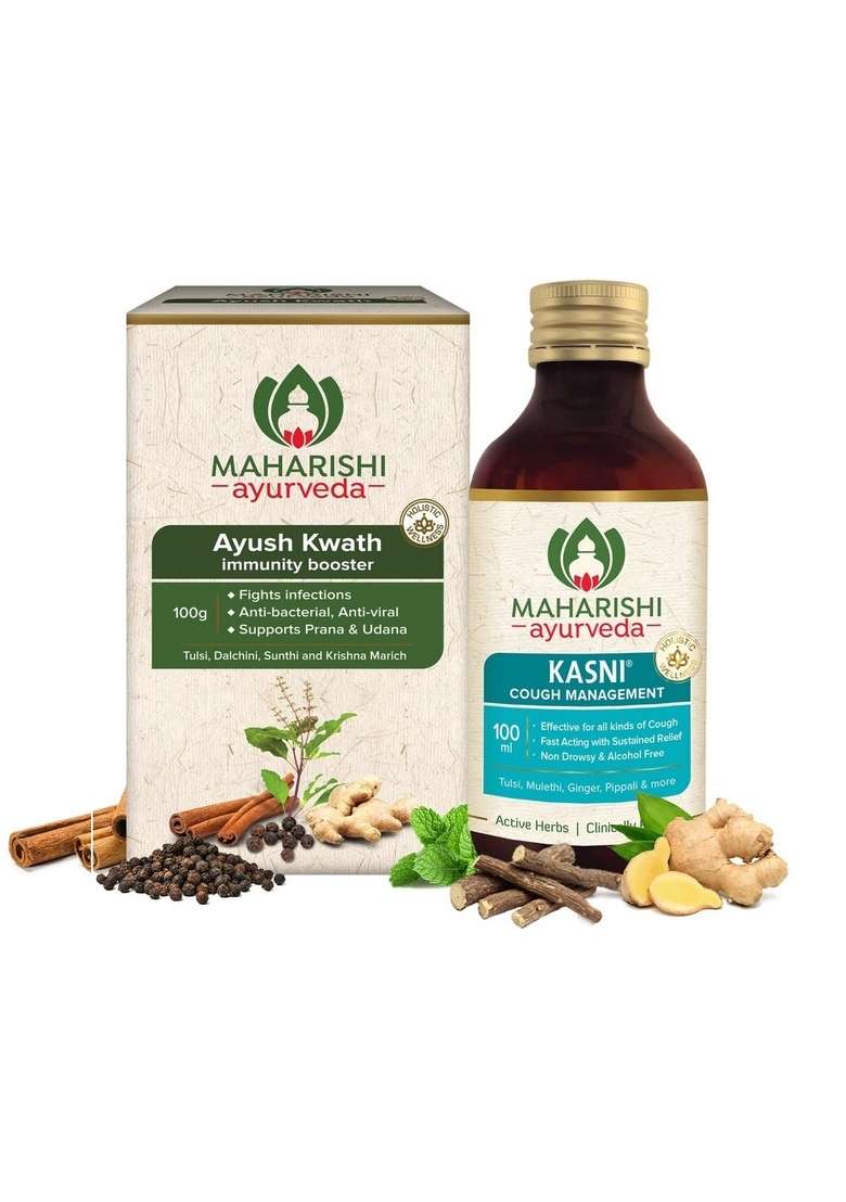 Maharishi Ayurveda Ayush Kwath Powder And Cough Syrup | Kadha Immunity Booster, Ayurvedic Recipe With Goodness Of Tulsi, Kali Mirch, Sunthi Dalchini (Syrup 100Ml + 100G) - Indya