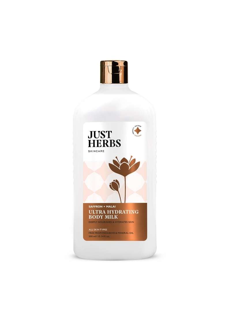 Just Herbs Saffron + Malai Nourishing Body Milk Moisturizer For Men & Women | Hydrating Lotion Dull, Tired Dry Skin Suits All Types - 300 Ml - Indya