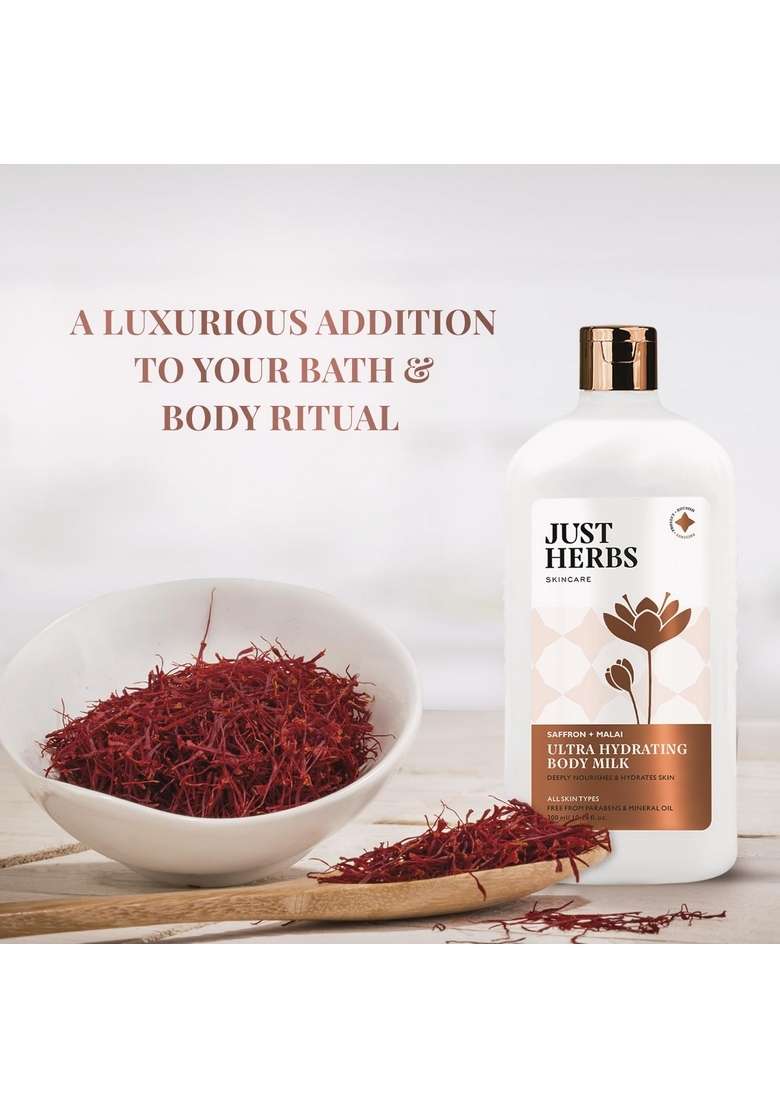 Just Herbs Saffron + Malai Nourishing Body Milk Moisturizer For Men & Women | Hydrating Lotion Dull, Tired Dry Skin Suits All Types - 300 Ml - Indya