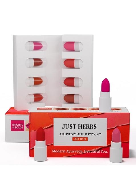 Just Herbs Ayurvedic Lipstick Micro-Mini Kit | Of 8 Matte Lipsticks Long-Lasting Weightless Formula Travel-Friendly - 9.6G