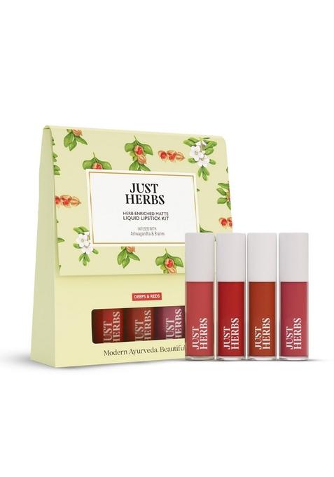 Just Herbs Herb Enriched Matte Liquid Lipstick | Set Of 4 Ayurvedic For Women Hydrating & Lightweight Long Lasting (Deeps And Reds)