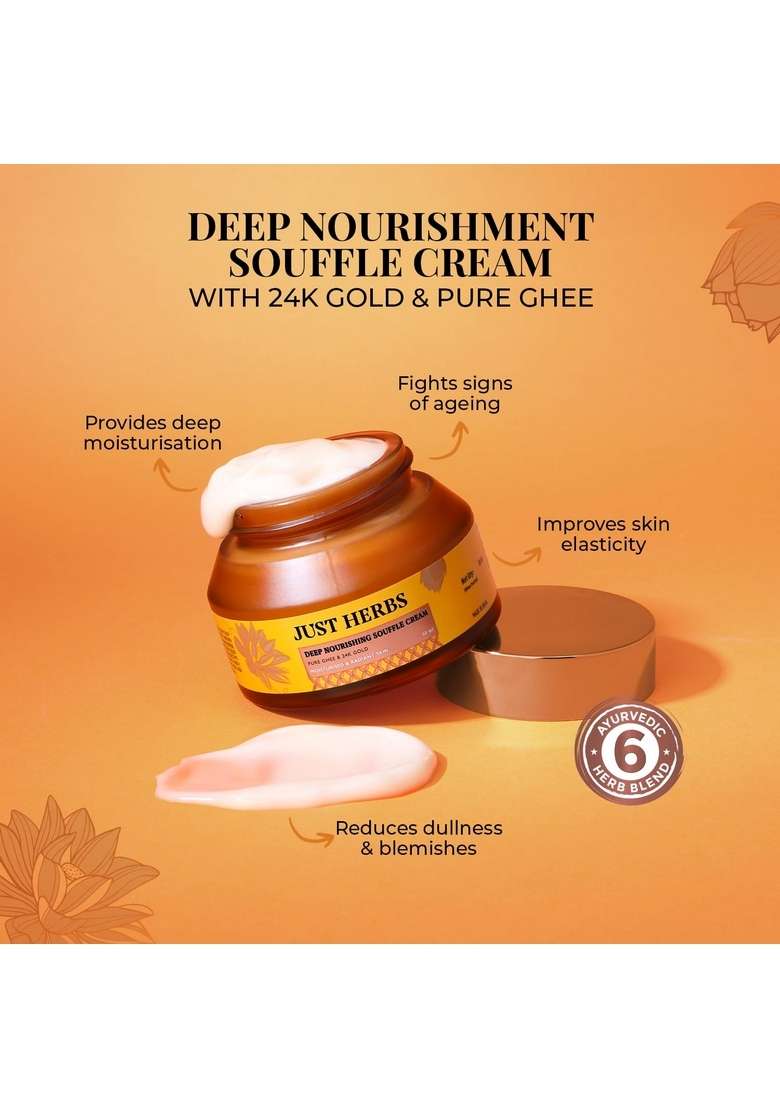 Just Herbs 24K Gold With Pure Ghee Souffle Day Cream For Deep Nourish Moisturising Anti Ageing | Improve Skin Elasticity Reduce Dullness Non Sticky All Types Moisturiser Women 50Ml - Indya