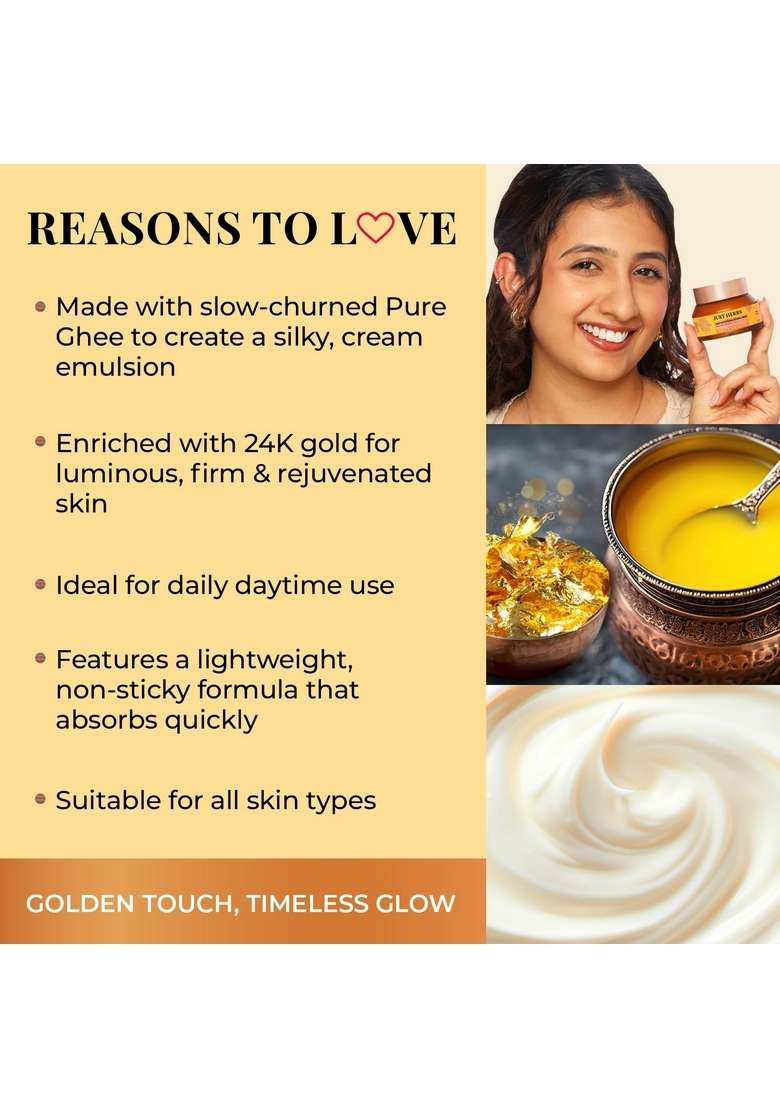 Just Herbs 24K Gold With Pure Ghee Souffle Day Cream For Deep Nourish Moisturising Anti Ageing | Improve Skin Elasticity Reduce Dullness Non Sticky All Types Moisturiser Women 50Ml - Indya