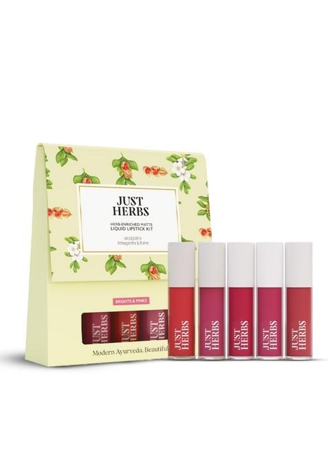 Just Herbs Herb Enriched Matte Liquid Lipstick | Set Of 5 For Women Brights & Pinks Shade Hydrating Lightweight Ashwagandha Brahmi - 1Ml X 5U