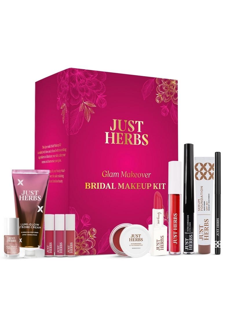 Just Herbs Wedding Kit Glam Essentials With Matte Lipstick|Lip & Cheek Tint|Strobe Cream|Kajal|Sindoor|Eyeshadow Palette|Nail Paint|Serum Foundation|Blush Drops Makeup For Women (Pack Of 9)