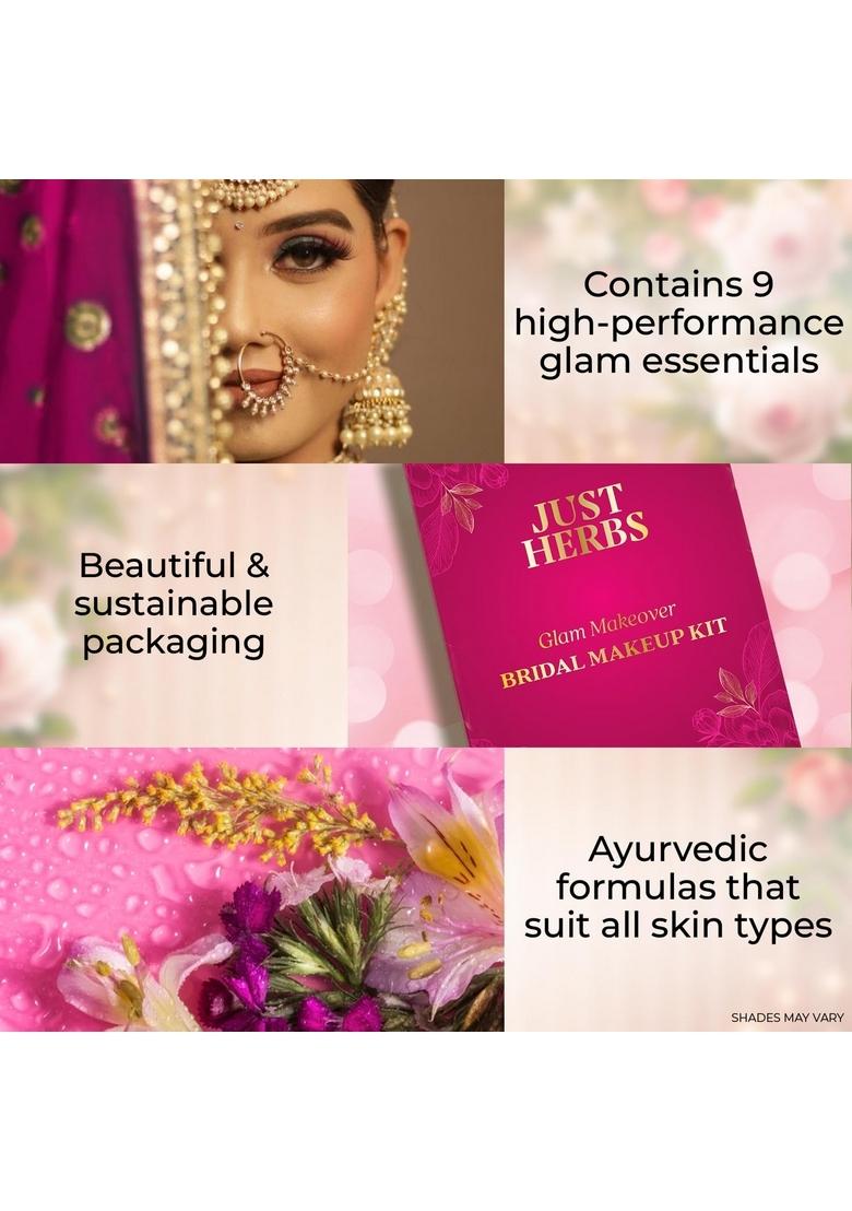Just Herbs Wedding Kit Glam Essentials With Matte Lipstick|Lip & Cheek Tint|Strobe Cream|Kajal|Sindoor|Eyeshadow Palette|Nail Paint|Serum Foundation|Blush Drops Makeup For Women (Pack Of 9)