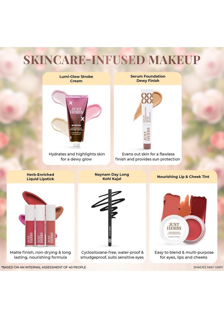 Just Herbs Wedding Kit Glam Essentials With Matte Lipstick|Lip & Cheek Tint|Strobe Cream|Kajal|Sindoor|Eyeshadow Palette|Nail Paint|Serum Foundation|Blush Drops Makeup For Women (Pack Of 9)