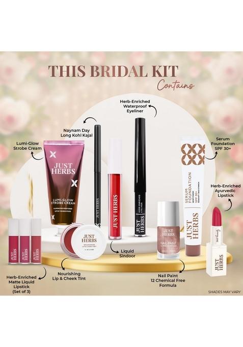 Just Herbs Wedding Kit Glam Essentials With Matte Lipstick|Lip & Cheek Tint|Strobe Cream|Kajal|Sindoor|Eyeshadow Palette|Nail Paint|Serum Foundation|Blush Drops Makeup For Women (Pack Of 9)