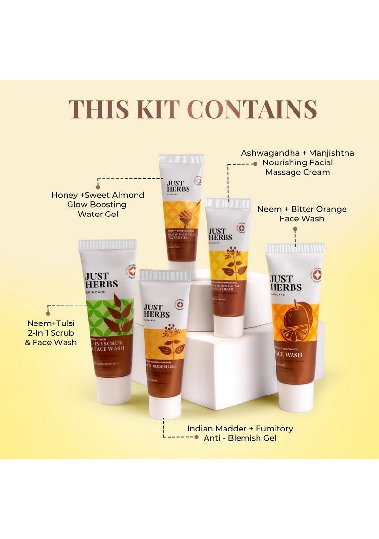 Just Herbs 7 Days Face Care Pack Skincare Essentials Combo With Facewash | Honey Facial Gel Exfoliating Herbal Massage Cream And Anti Blemish Perfect For Gifting Travel Kit Set Men
